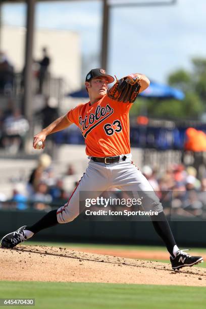 Tyler Wilson of the Orioles delivers a pitch to the plate during the spring training game between the Baltimore Orioles and the Detroit Tigers on...