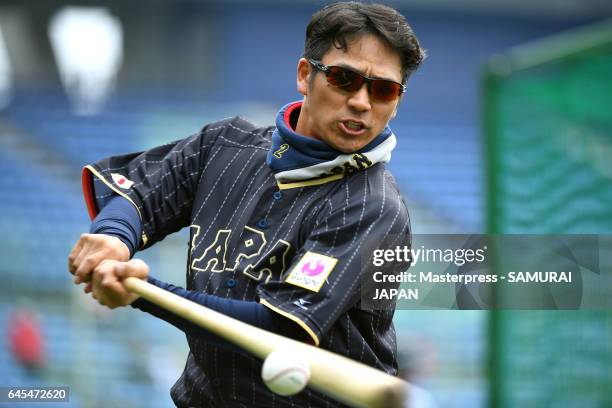 Kosuke Tanaka of Japan in action during SAMURAI JAPAN's training camp at the Sun Marine Stadium Miyazaki on February 26, 2017 in Miyazaki, Japan.