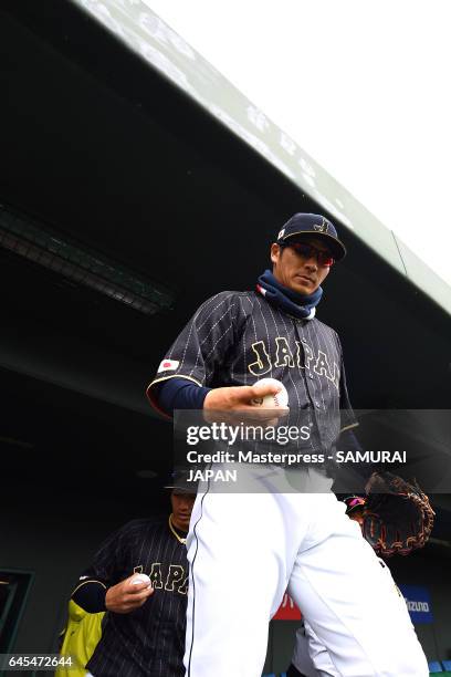 Kosuke Tanaka of Japan looks on during SAMURAI JAPAN's training camp at the Sun Marine Stadium Miyazaki on February 26, 2017 in Miyazaki, Japan.