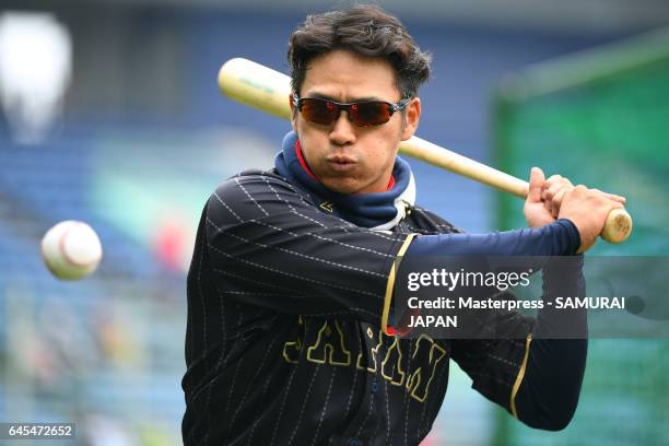 Kosuke Tanaka of Japan in action during SAMURAI JAPAN's training camp at the Sun Marine Stadium Miyazaki on February 26, 2017 in Miyazaki, Japan.