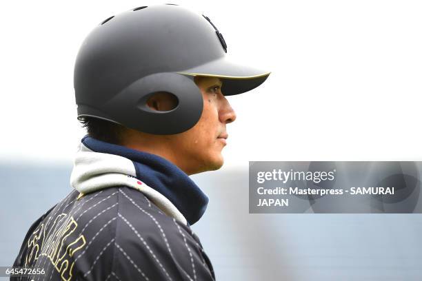 Kosuke Tanaka of Japan looks on during SAMURAI JAPAN's training camp at the Sun Marine Stadium Miyazaki on February 26, 2017 in Miyazaki, Japan.