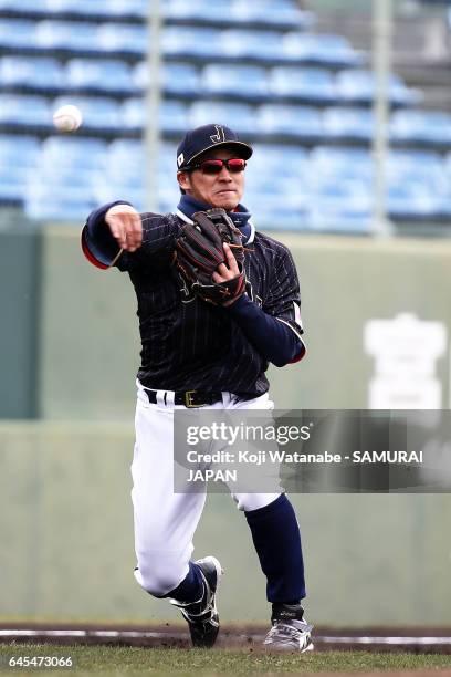 Kosuke Tanaka of Japan in action during SAMURAI JAPAN's training camp at the Sun Marine Stadium Miyazaki on February 26, 2017 in Miyazaki, Japan.