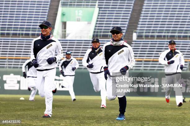 Kosuke Tanaka of Japan in action during SAMURAI JAPAN's training camp at the Sun Marine Stadium Miyazaki on February 26, 2017 in Miyazaki, Japan.