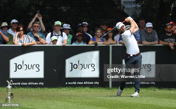 Paul Waring of England tees off on the 1st during completion of the suspended third and final round of The Joburg Open at Royal Johannesburg and...