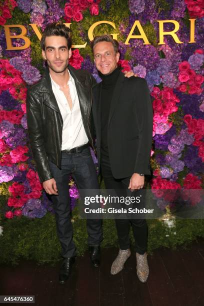 Model Jon Kortajarena and fashion designer Steffen Schraut during the Bulgari Pre-Oscars party at hotel Chateau Marmont on February 25, 2017 in Los...