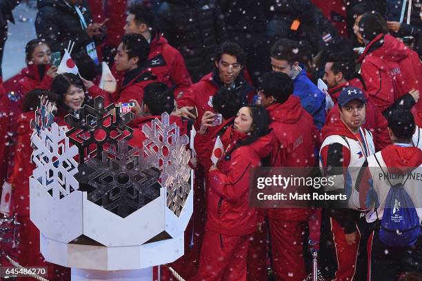 Athletes celebrate during the closing ceremony on day nine of the 2017 Sapporo Asian Winter Games at Makomanai indoor skating rink on February 26,...