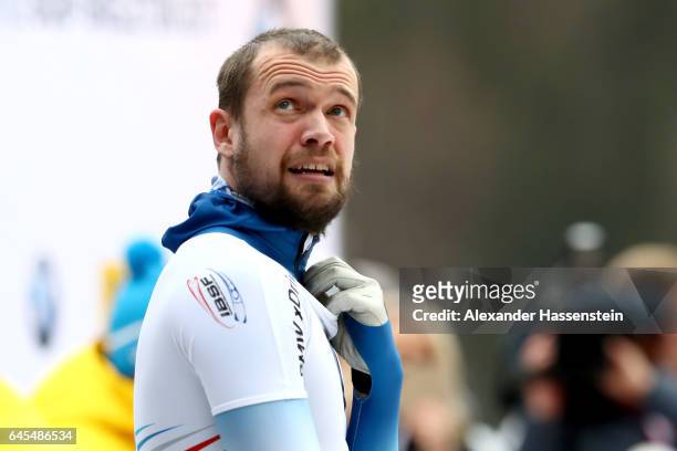 Alexander Tretiakov of Russia reacts after the 4th run of the IBSF World Championships Bob & Skeleton 2017 at Deutsche Post Eisarena Koenigssee on...