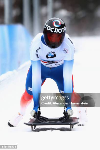 Alexander Tretiakov of Russia reacts after the 4th run of the IBSF World Championships Bob & Skeleton 2017 at Deutsche Post Eisarena Koenigssee on...