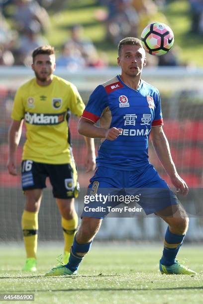 Aleksandr Kokko of the Jets controls the ball during the round 21 A-League match between the Newcastle Jets and the Central Coast Mariners at...