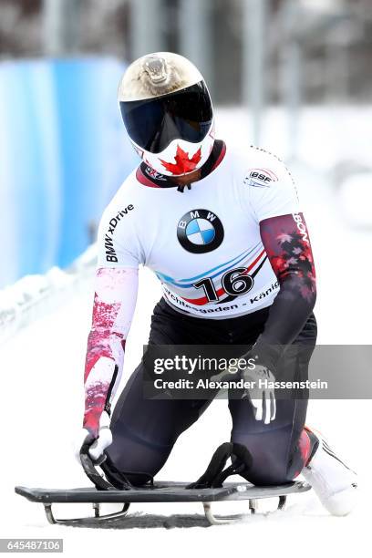 Barrett Martineau of Canada reacts after the 4th run of the IBSF World Championships Bob & Skeleton 2017 at Deutsche Post Eisarena Koenigssee on...