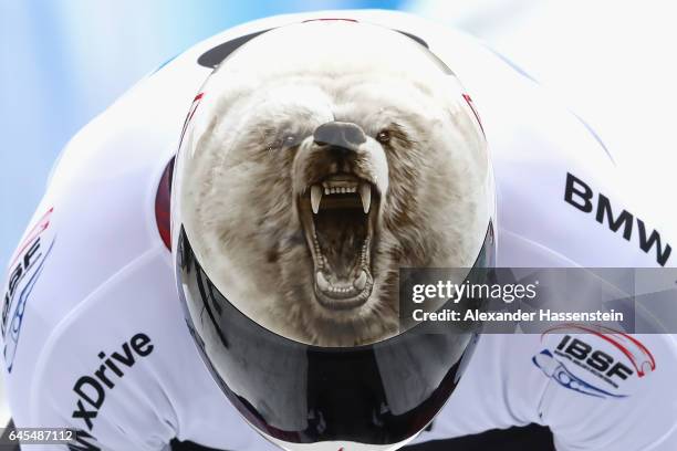 Barrett Martineau of Canada reacts after the 4th run of the IBSF World Championships Bob & Skeleton 2017 at Deutsche Post Eisarena Koenigssee on...