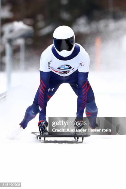 Matthew Antoine of USA reacts after the 4th run of the IBSF World Championships Bob & Skeleton 2017 at Deutsche Post Eisarena Koenigssee on February...