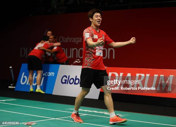 Sa Rang Kim and Lee Yong Dae of Musica Champions Indonesia react after beating Sung Hyun Ko and Baek Cheol Shin of PB Djarum Indonesia during the...