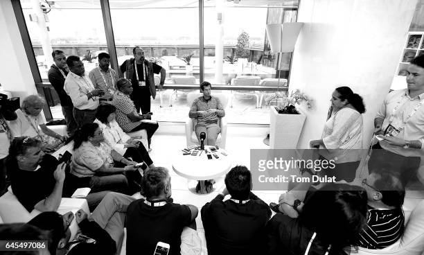 Andy Murray of United Kingdom answers questions during a media day ahead of the ATP Dubai Duty Free Tennis Championship on February 26, 2017 in...