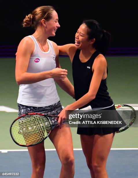 Georgian Oksana Kalashnikova and Taiwanese Su-Wei Hsieh celebrate their victory over Kazakhstan Galina Voskoboeva and Australian Arina Rodionova...