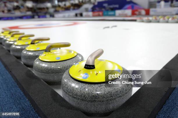 General view of the curling stones during the Men's Gold Medal match between South Korea and United States during the VolP Defender World Junior...