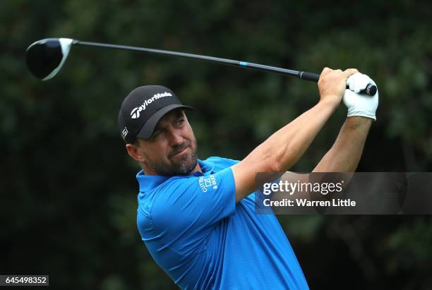 Darren Fichardt of South Africa tees off on the 9th during completion of the suspended third and final round of The Joburg Open at Royal Johannesburg...