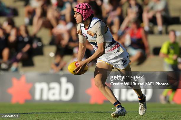 Heather Anderson of the Crows looks to pass the ball during the round four AFL Women's match between the Fremantle Dockers and the Adelaide Crows at...