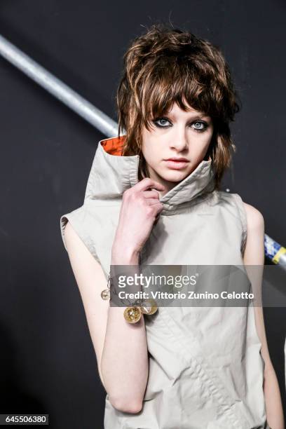Model is seen backstage ahead of the Marni show during Milan Fashion Week Fall/Winter 2017/18 on February 26, 2017 in Milan, Italy.