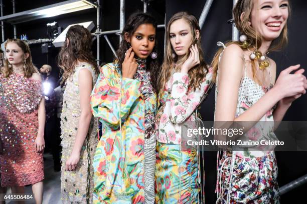 Models are seen backstage ahead of the Marni show during Milan Fashion Week Fall/Winter 2017/18 on February 26, 2017 in Milan, Italy.