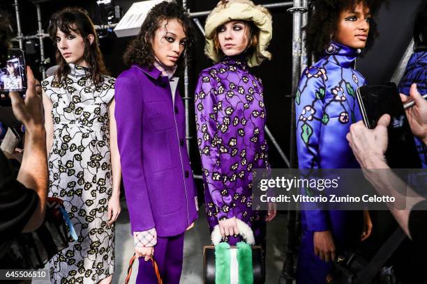 Models are seen backstage ahead of the Marni show during Milan Fashion Week Fall/Winter 2017/18 on February 26, 2017 in Milan, Italy.