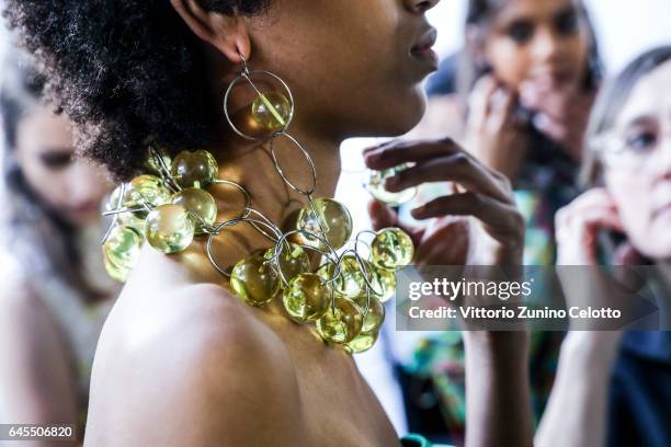 Model, fashion details, is seen backstage ahead of the Marni show during Milan Fashion Week Fall/Winter 2017/18 on February 26, 2017 in Milan, Italy.