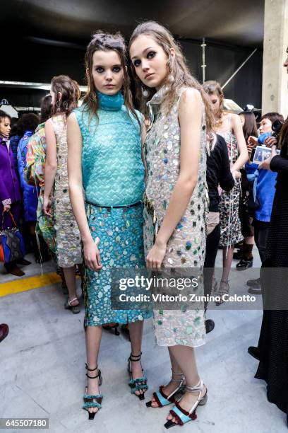 Models are seen backstage ahead of the Marni show during Milan Fashion Week Fall/Winter 2017/18 on February 26, 2017 in Milan, Italy.