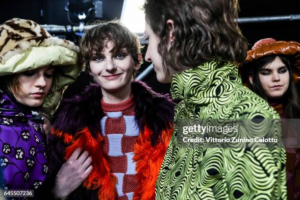 Models are seen backstage ahead of the Marni show during Milan Fashion Week Fall/Winter 2017/18 on February 26, 2017 in Milan, Italy.