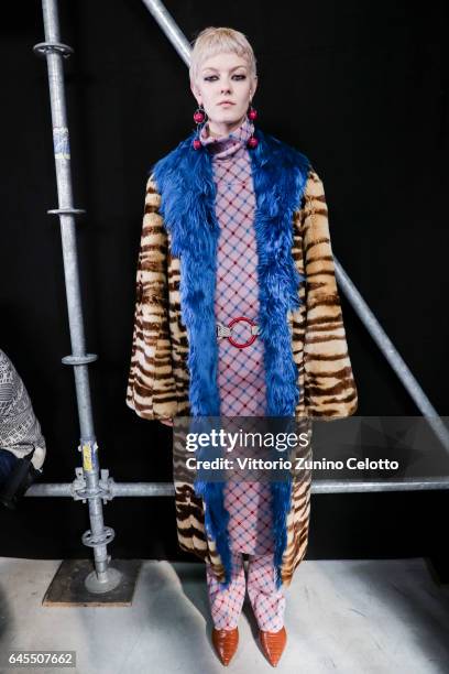 Model is seen backstage ahead of the Marni show during Milan Fashion Week Fall/Winter 2017/18 on February 26, 2017 in Milan, Italy.