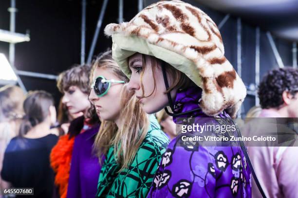Models are seen backstage ahead of the Marni show during Milan Fashion Week Fall/Winter 2017/18 on February 26, 2017 in Milan, Italy.