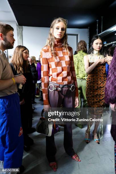 Model is seen backstage ahead of the Marni show during Milan Fashion Week Fall/Winter 2017/18 on February 26, 2017 in Milan, Italy.