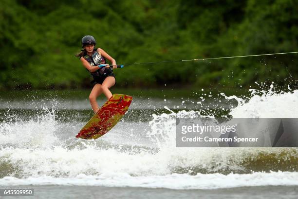 Ebony Abela competes in the 10-14 Girls NSW Wakeboarding State Titles at Govenor Phillip Park, Windsor on February 26, 2017 in Sydney, Australia.