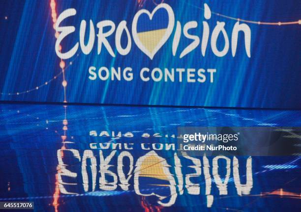 The Eurovision Song Contest 2017 logo is seen during the Ukrainian final of the national qualification for the Eurovision Song Contest in Kiev,...