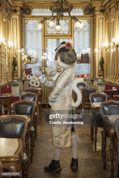 Man wearing carnival costume of a cat poses in an historical bar during the 'Volo dell'Aquila' at Piazza San Marco on February 26, 2017 in Venice,...