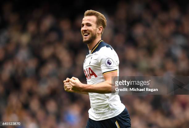 Harry Kane of Tottenham Hotspur celebrates as he scores his teams third goal and completes his hattrick during the Premier League match between...