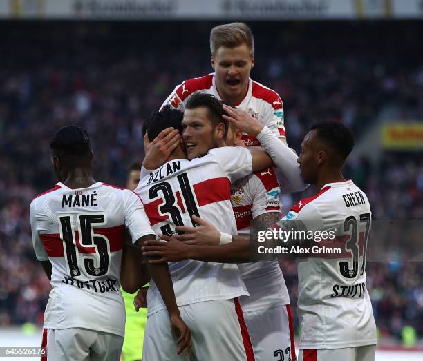 Berkay zcan of Stuttgart celebrates scoring his teams second goal with teamates during the Second Bundesliga match between VfB Stuttgart and 1. FC...