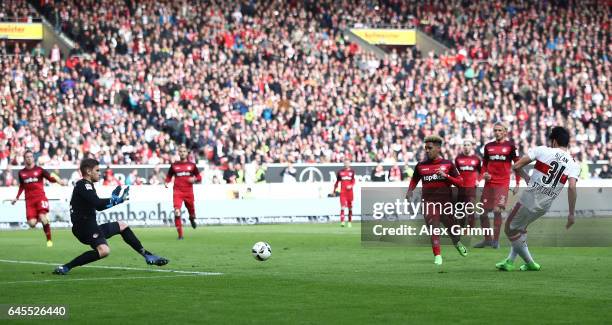 Berkay zcan of Stuttgart scores his teams second goal during the Second Bundesliga match between VfB Stuttgart and 1. FC Kaiserslautern at...