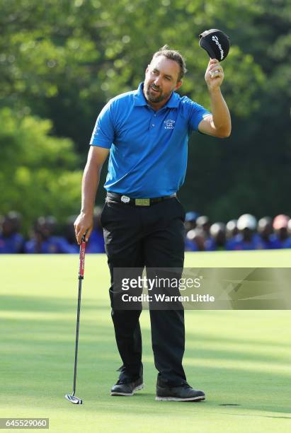 Darren Fichardt of South Africa celebrates winning Joburg Open during completion of the suspended third and final round of The Joburg Open at Royal...