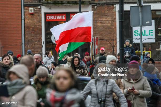 People with Polish flags attending the parade are seen during the Cursed soldiers Day parade on 26 February 2017 in Gdansk, Poland. The Cursed...