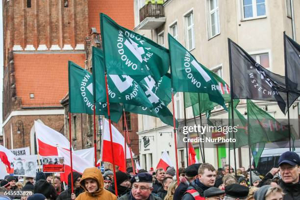 Far right nacionalist organization ONR members with Falanga flags are seen during the Cursed soldiers Day parade on 26 February 2017 in Gdansk,...