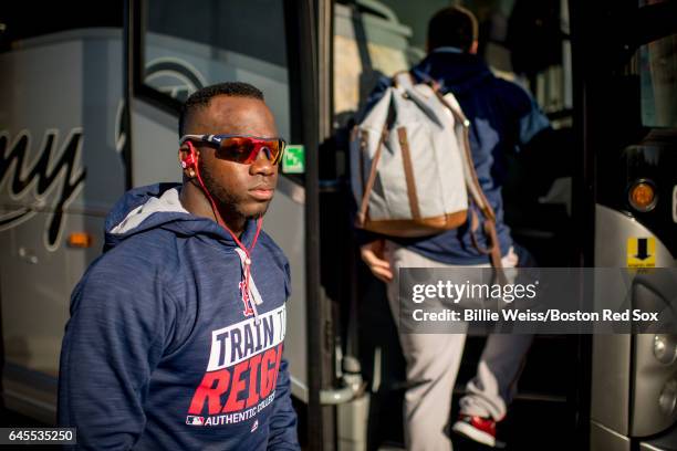 Rusney Castillo of the Boston Red Sox boards the bus before a spring training game against the Tampa Bay Rays on February 26, 2017 at Fenway South in...