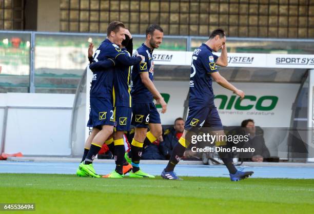 Valter Birsa if ChievoVerona celebrates with his team mate's after scoring his opening goal during the Serie A match between AC ChievoVerona and...