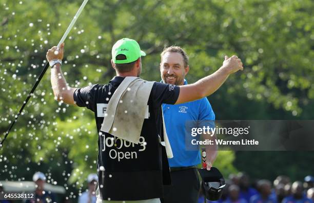 Darren Fichardt of South Africa celebrates winning the Joburg Open at Royal Johannesburg and Kensington Golf Club on February 26, 2017 in...