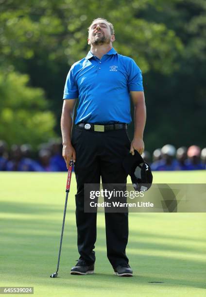 Darren Fichardt of South Africa celebrates winning the Joburg Open at Royal Johannesburg and Kensington Golf Club on February 26, 2017 in...