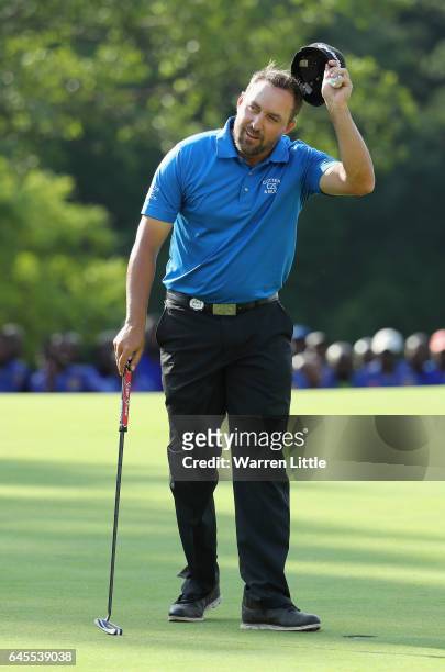 Darren Fichardt of South Africa celebrates winning the Joburg Open at Royal Johannesburg and Kensington Golf Club on February 26, 2017 in...