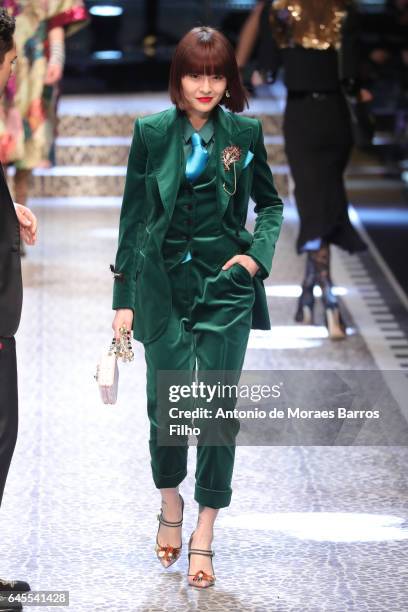 Fil XiaoBai walks the runway at the Dolce & Gabbana show during Milan Fashion Week Fall/Winter 2017/18 on February 26, 2017 in Milan, Italy.