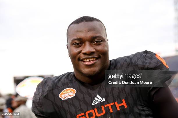 Auburn Defensive Tackle Montravius Adams of the South Team during the 2017 Resse's Senior Bowl at Ladd-Peebles Stadium on January 28, 2017 in Mobile,...