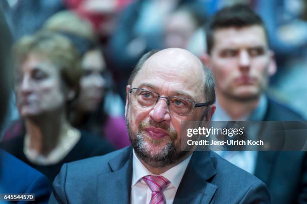 Martin Schulz, chancellor candidate of the German Social Democrats , sits among the audience at a campaign event on February 26, 2017 in Leipzig,...