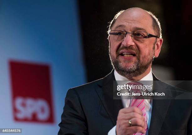 Martin Schulz, chancellor candidate of the German Social Democrats , speaks at a campaign event on February 26, 2017 in Leipzig, Germany. Schulz...