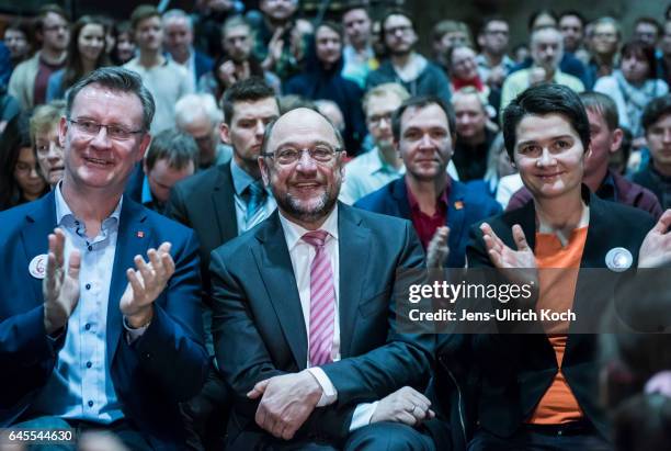 Martin Schulz, chancellor candidate of the German Social Democrats , sits among the audience at a campaign event on February 26, 2017 in Leipzig,...